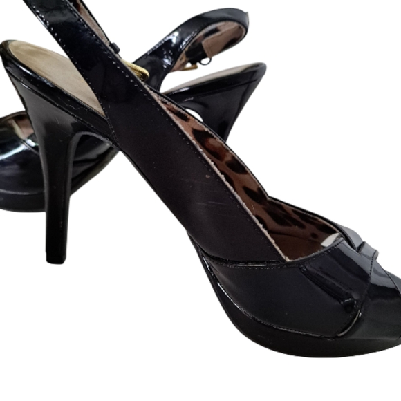 Christian Siriano Black Patent Peep-Toe Heels | Leopard Print Interior | Size 8. - Picture 3 of 12